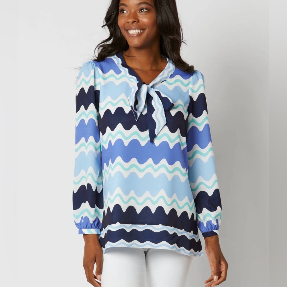 SAIL TO SABLE "Blue Wave" Career Old Money V-Neck Bow Front Print Blouse SZ XXL